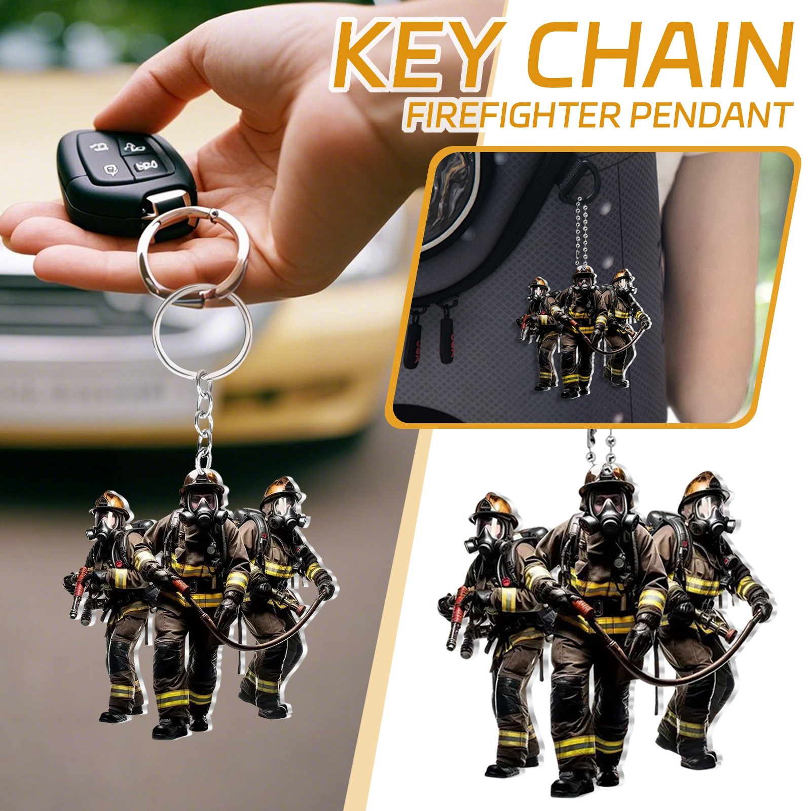 Heavy Equipment Key Ring - 2D Firefighter Acrylic Flat Pendant, Brave